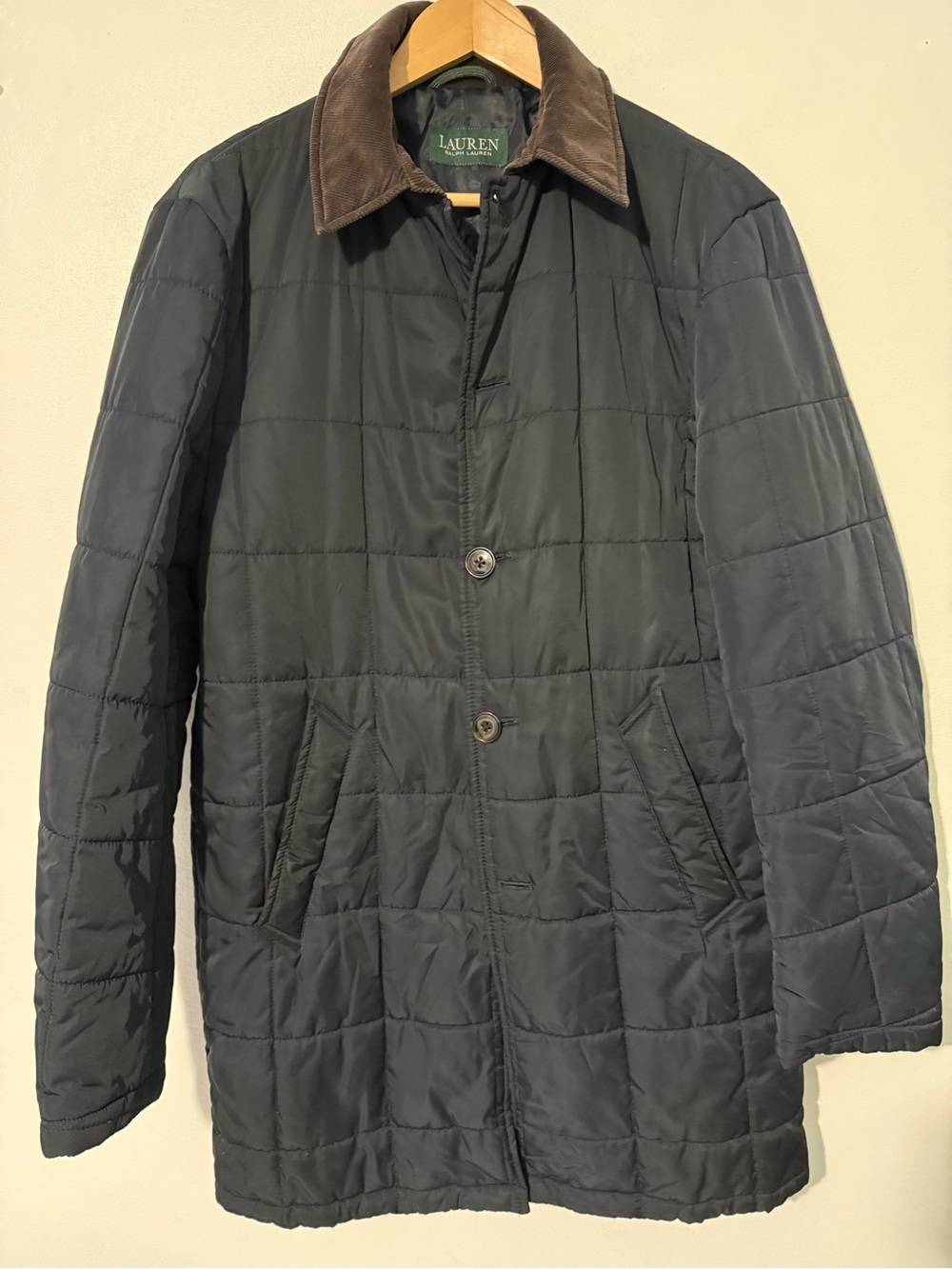Lauren Ralph Lauren Navy Quilted Puffer Chore Coat  Brown Corduroy Collar FLAW